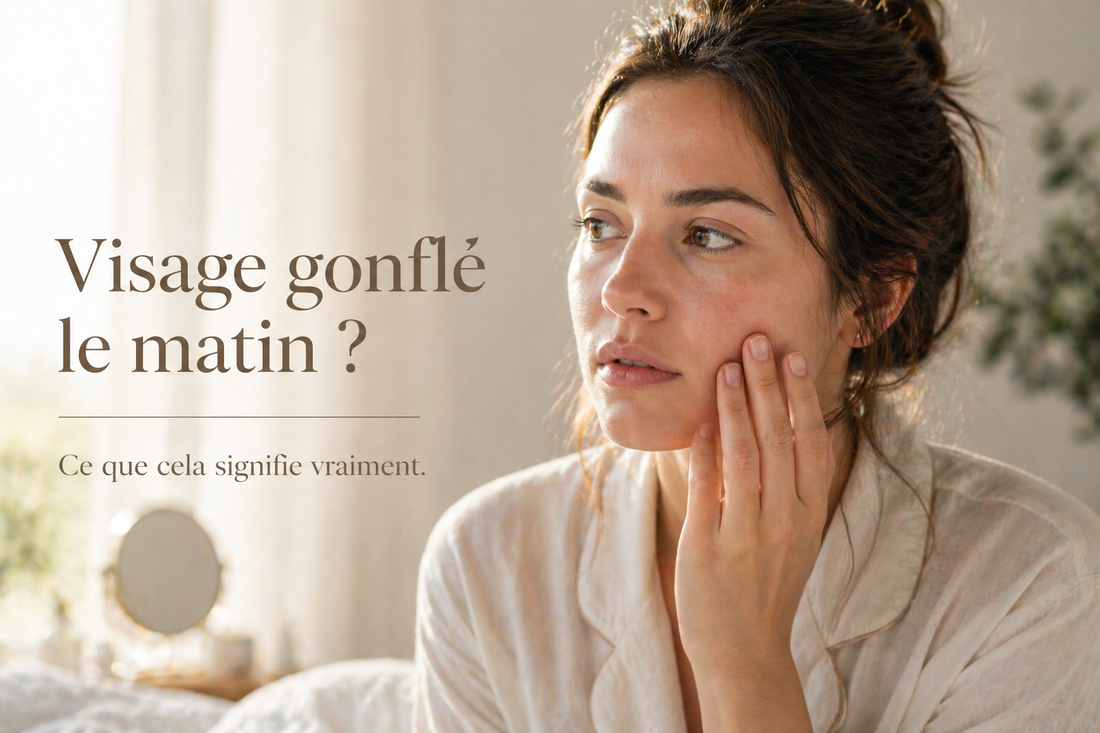 Femme observant son visage légèrement gonflé au réveil, lumière naturelle douce, illustration du signal de régulation de la peau le matin