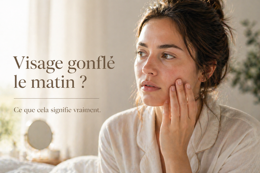 Femme observant son visage légèrement gonflé au réveil, lumière naturelle douce, illustration du signal de régulation de la peau le matin