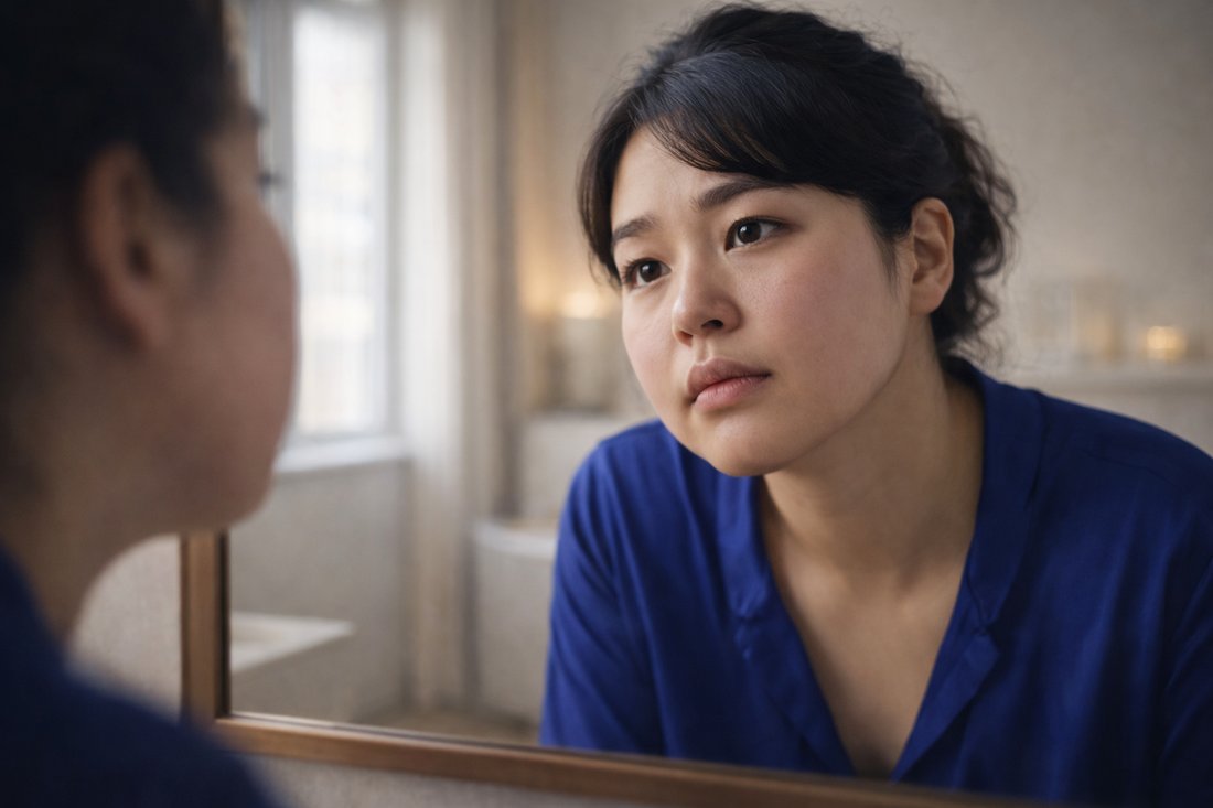 Femme asiatique regardant son visage gonflé le matin dans un miroir lumière naturelle douce salle de bain