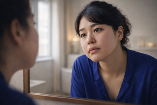 Femme asiatique regardant son visage gonflé le matin dans un miroir lumière naturelle douce salle de bain