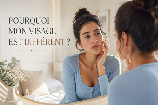 Femme observant son visage légèrement gonflé dans un miroir le matin avec lumière naturelle dans une chambre