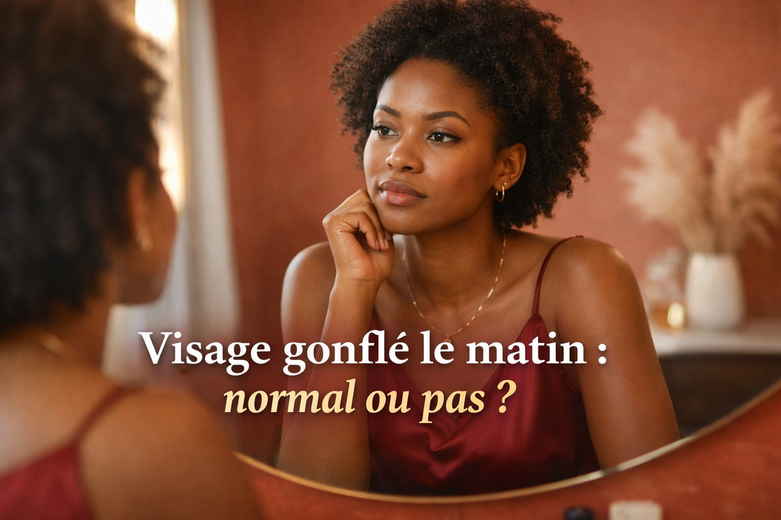 Femme afro-américaine regardant son visage dans un miroir le matin avec question sur gonflement visage lumière naturelle chaude