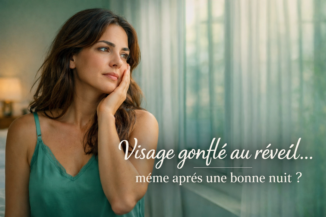 Femme méditerranéenne regardant par la fenêtre avec visage légèrement gonflé au réveil lumière naturelle chambre