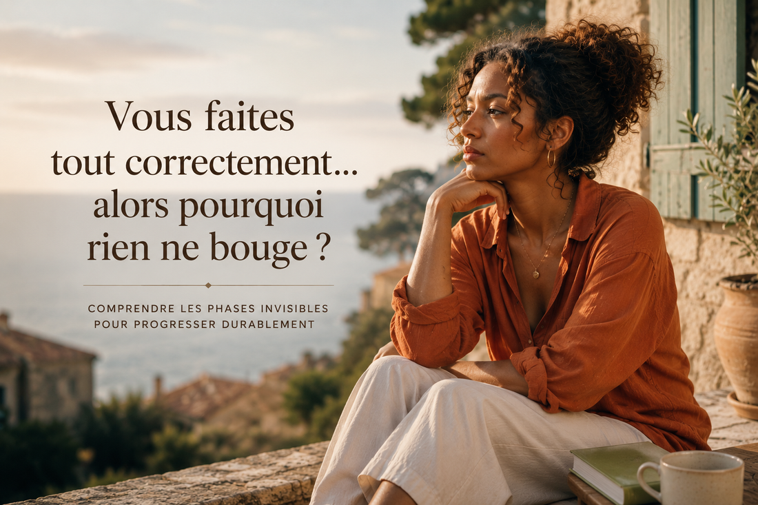 Femme métisse pensive assise sur une terrasse méditerranéenne au coucher du soleil réfléchissant à une stagnation corporelle malgré une routine régulière Bellasteria