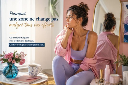 Femme méditerranéenne assise dans un intérieur lumineux aux tons rose et lavande réfléchissant à une zone du corps qui ne change pas malgré ses efforts, illustrant la régulation et la progression biologique – Bellasteria