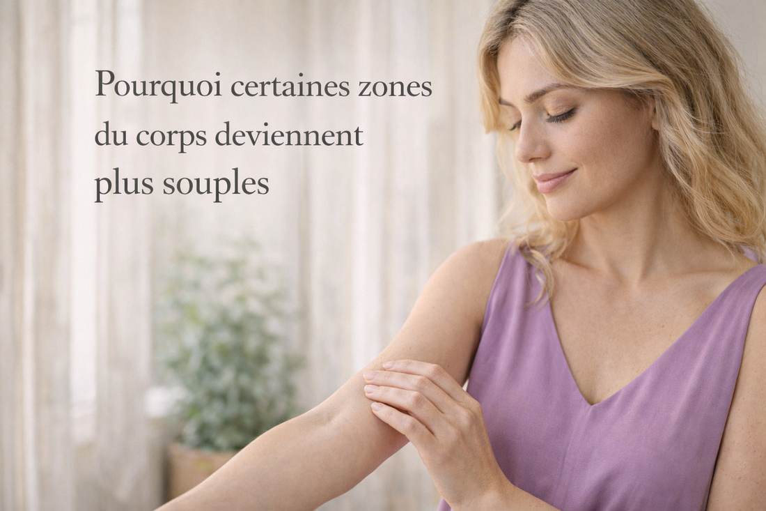 femme blonde robe lilas testant la souplesse de la peau de son bras evolution des tissus du corps