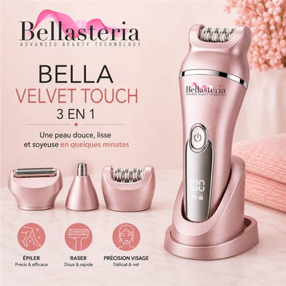 Bella Velvet Touch 3 en 1 Bellasteria, épilateur électrique rose avec têtes pour épiler, raser et précision visage