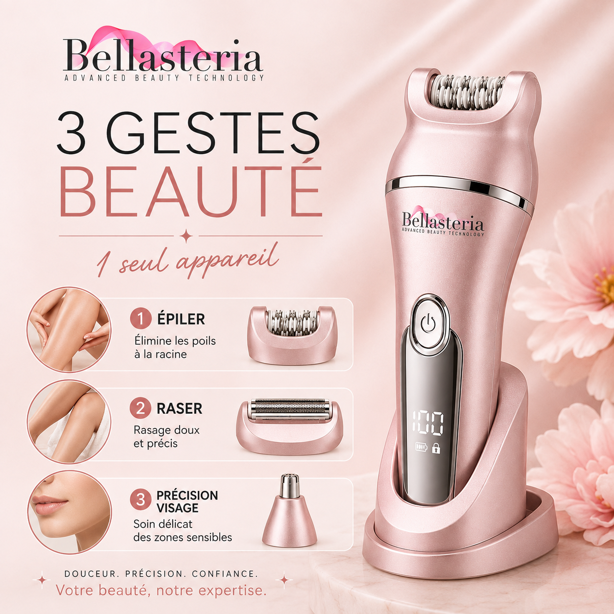 Bella Velvet Touch 3 en 1 Bellasteria avec trois fonctions pour épiler, raser et réaliser les retouches de précision du visage