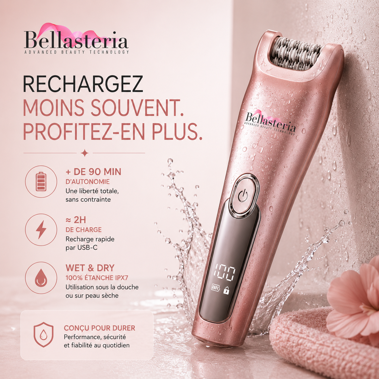 Bella Velvet Touch 3 en 1 Bellasteria résistant à l’eau, avec plus de 90 minutes d’autonomie et environ 2 heures de charge