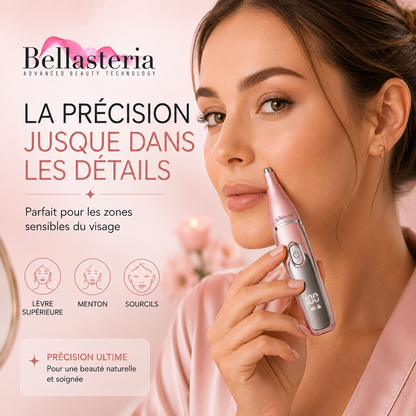 Bella Velvet Touch 3 en 1 Bellasteria utilisé sur le visage avec sa tête de précision pour la lèvre supérieure, le menton et les sourcils